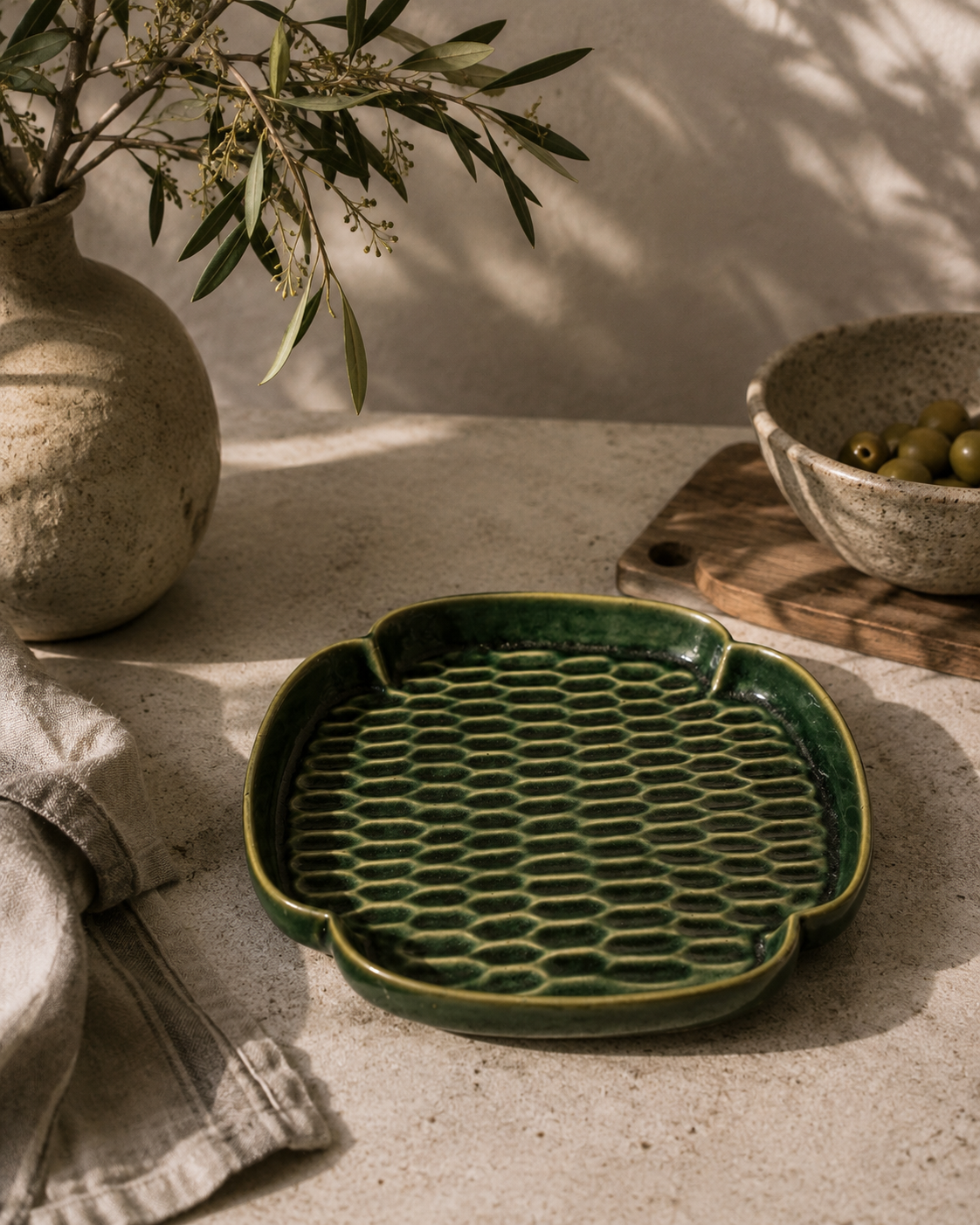 Verdant Honeycomb Ceramic Serving Tray
