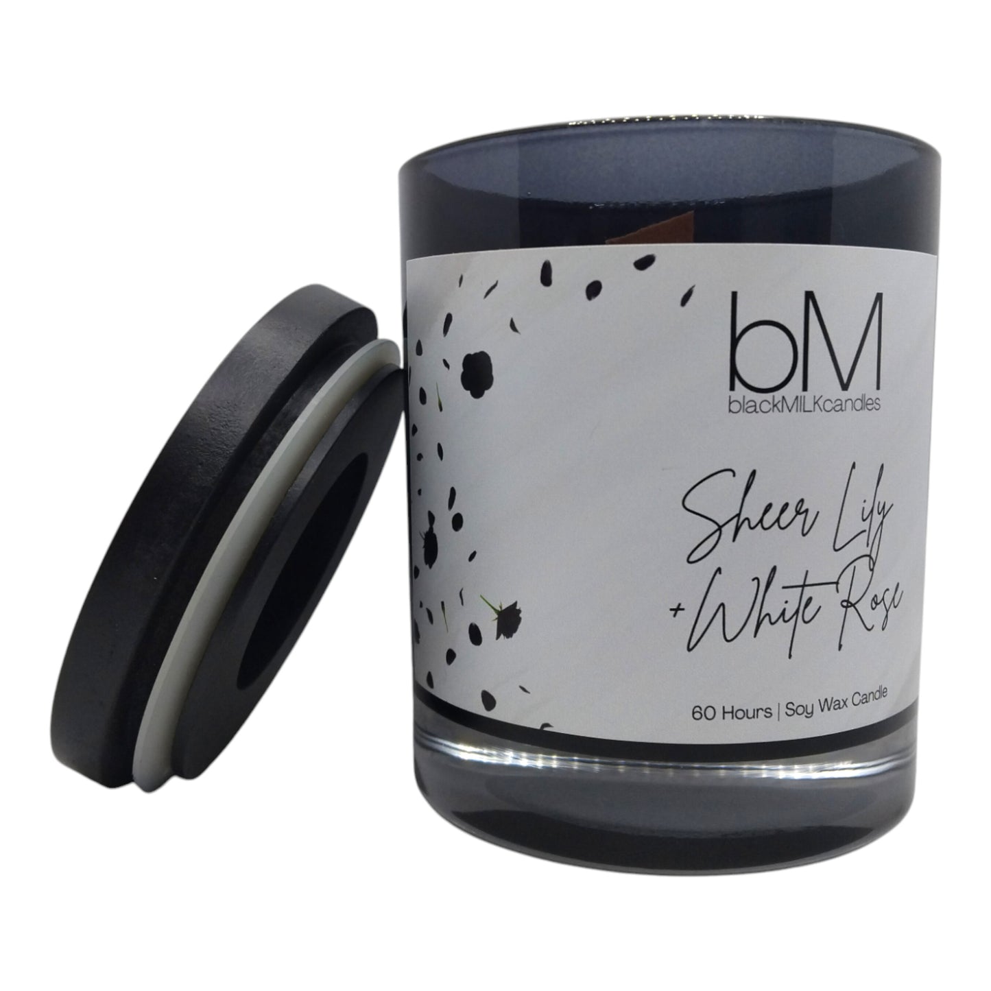 Black Glass Wooden Wick - Sheer Lily + White Rose