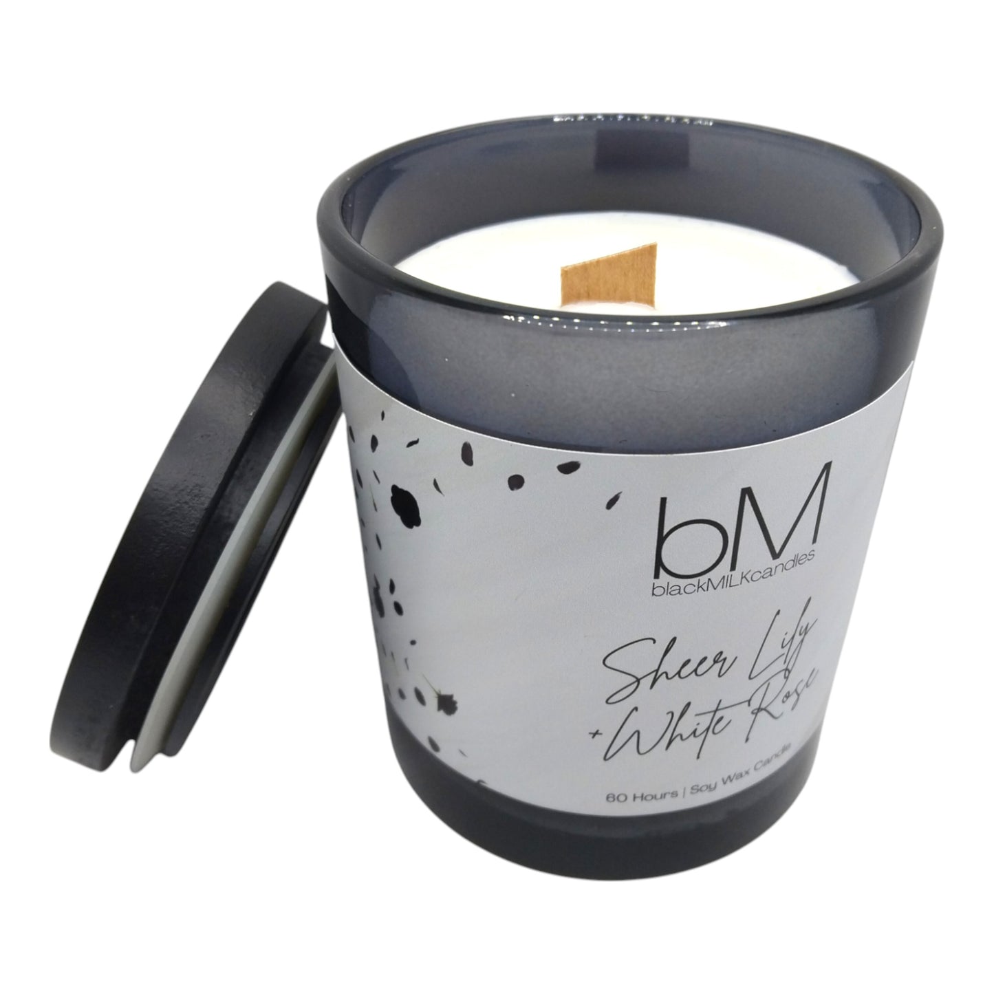 Black Glass Wooden Wick - Sheer Lily + White Rose