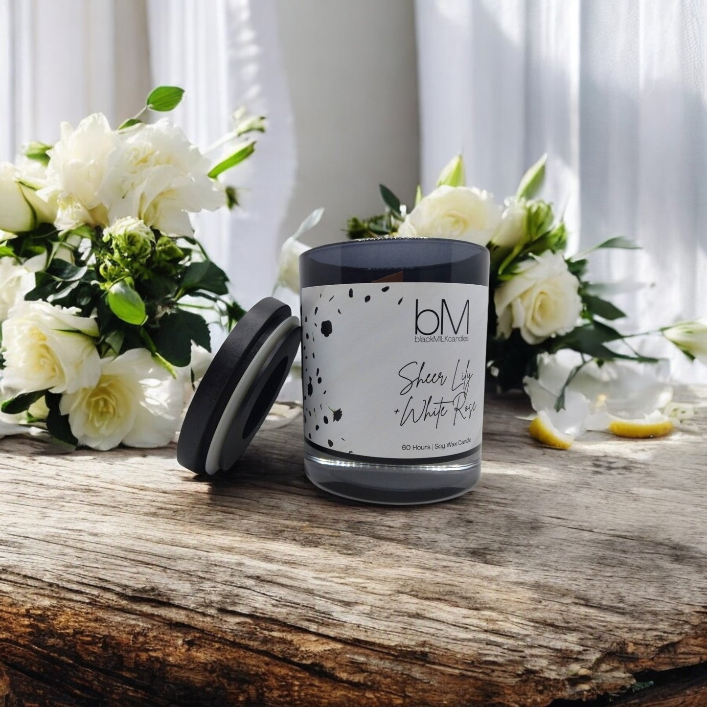 Black Glass Wooden Wick - Sheer Lily + White Rose
