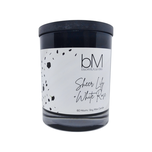 Black Glass Wooden Wick - Sheer Lily + White Rose