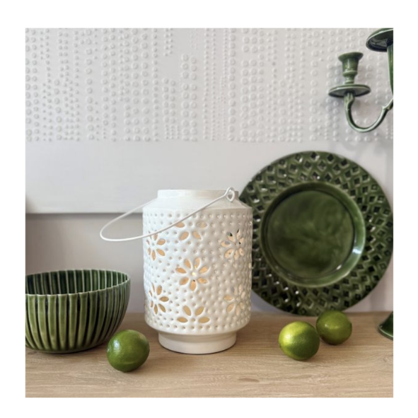 Wash Enameled Floral Lantern -White