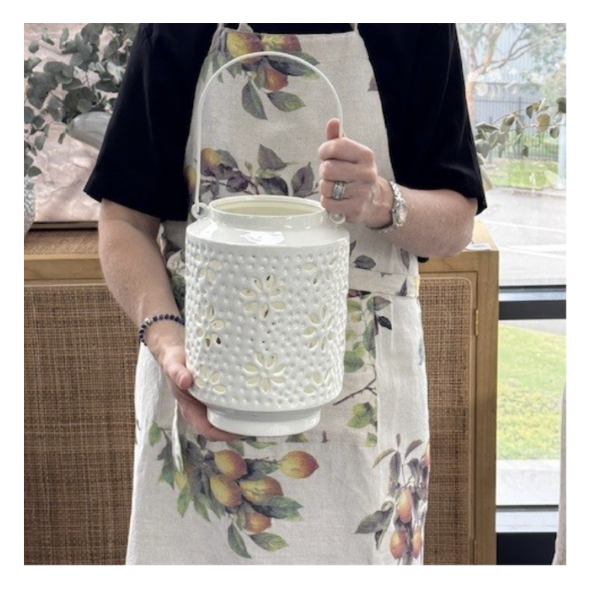 Wash Enameled Floral Lantern -White