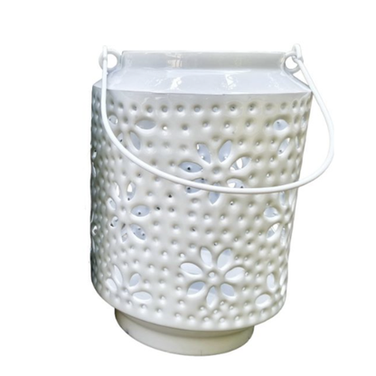 Wash Enameled Floral Lantern -White