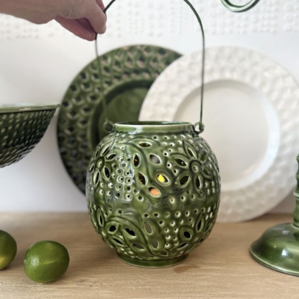 Wash Enameled Floral Lantern -Green