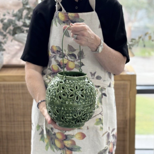 Wash Enameled Floral Lantern -Green