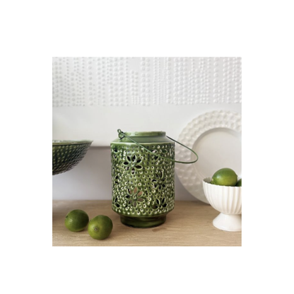 Wash Enameled Floral Lantern -White